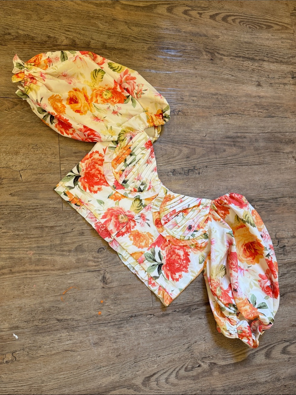 For Love Bell Floral Puff-Sleeve Corset Top - Cream, Orange, Pink, Green